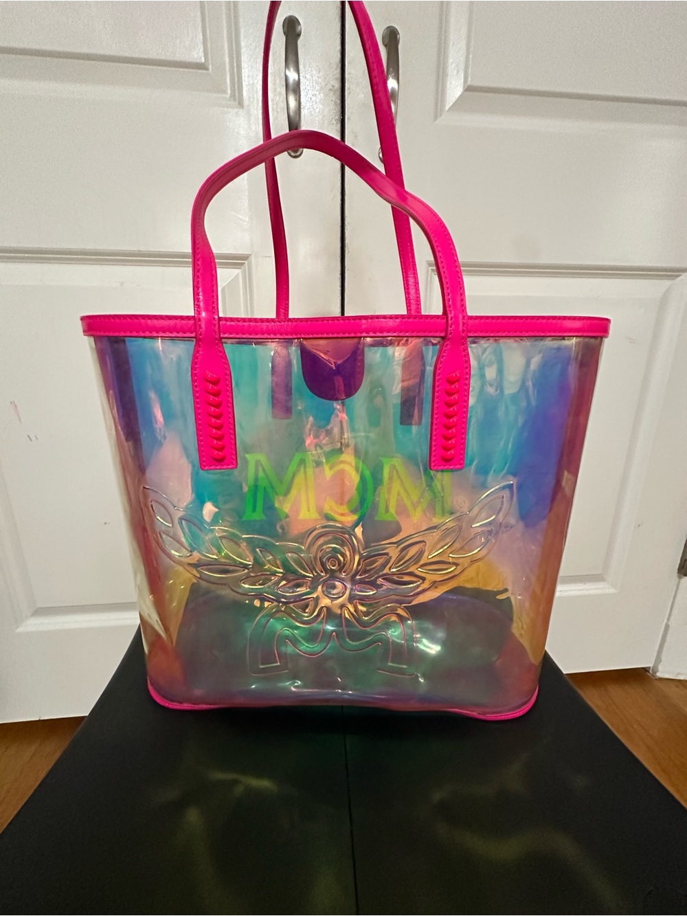 MCM Iridiscent Pink Trim Tote Bag with Embossed Motif